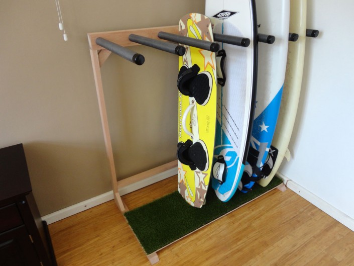 Surfboard Stand with Green Grass & Raw Wood Finish