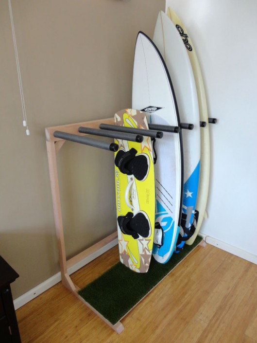 Surfboard Stand with Green Grass & Raw Wood Finish